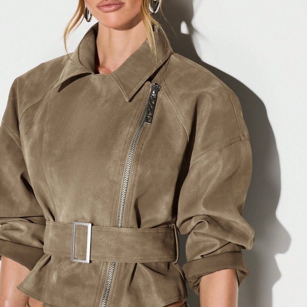 Brown Casual Women's Cropped Biker Suedette Jacket - Picture 4 of 8